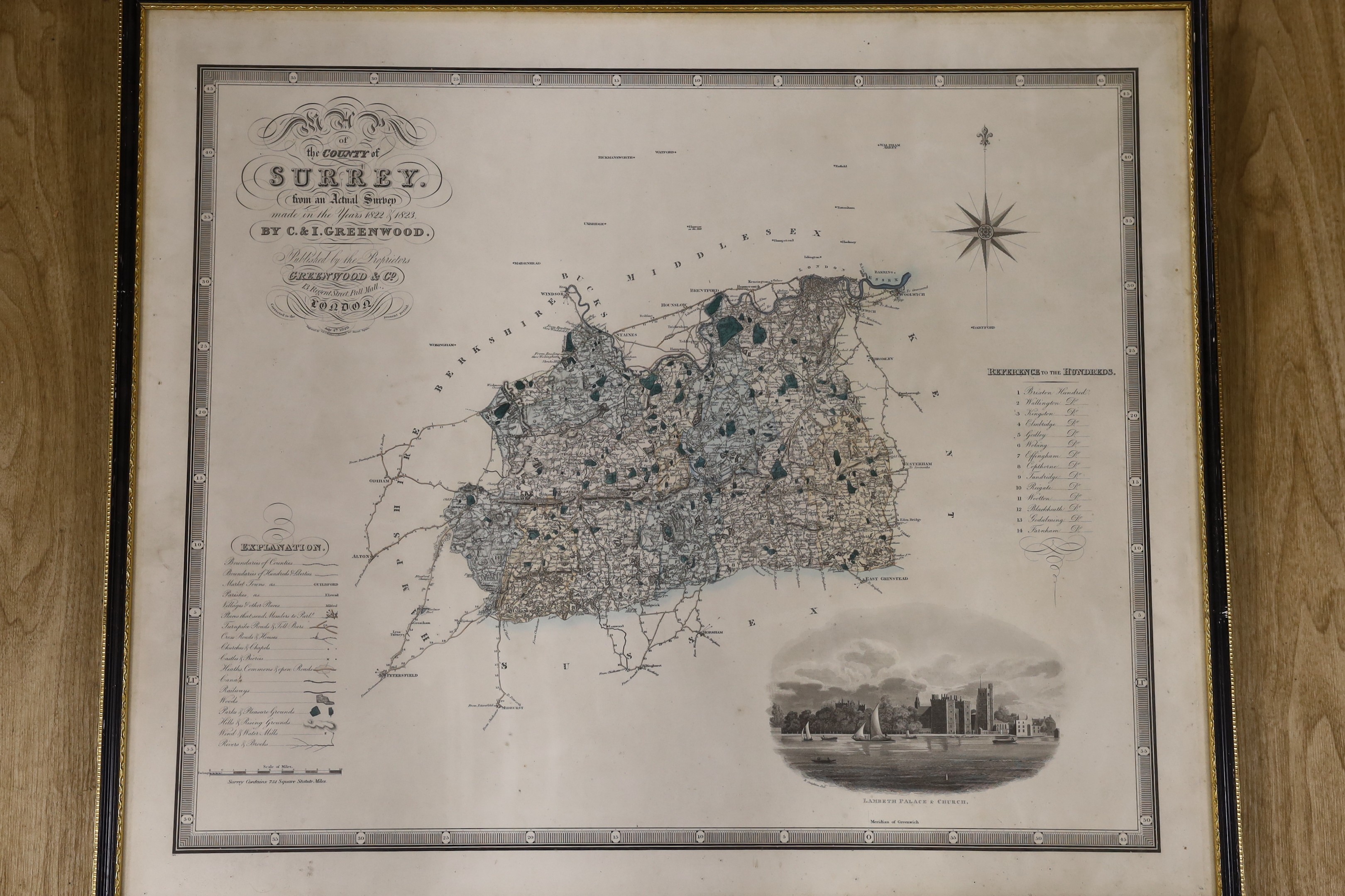 Jan Janssen, coloured engraving, Map of Herofordiae, Latin text verso, 41 x 54cm, a similar map of Salopiensis, overall 44 x 56cm, and a Greenwood map of Surrey, 64 x 76cm